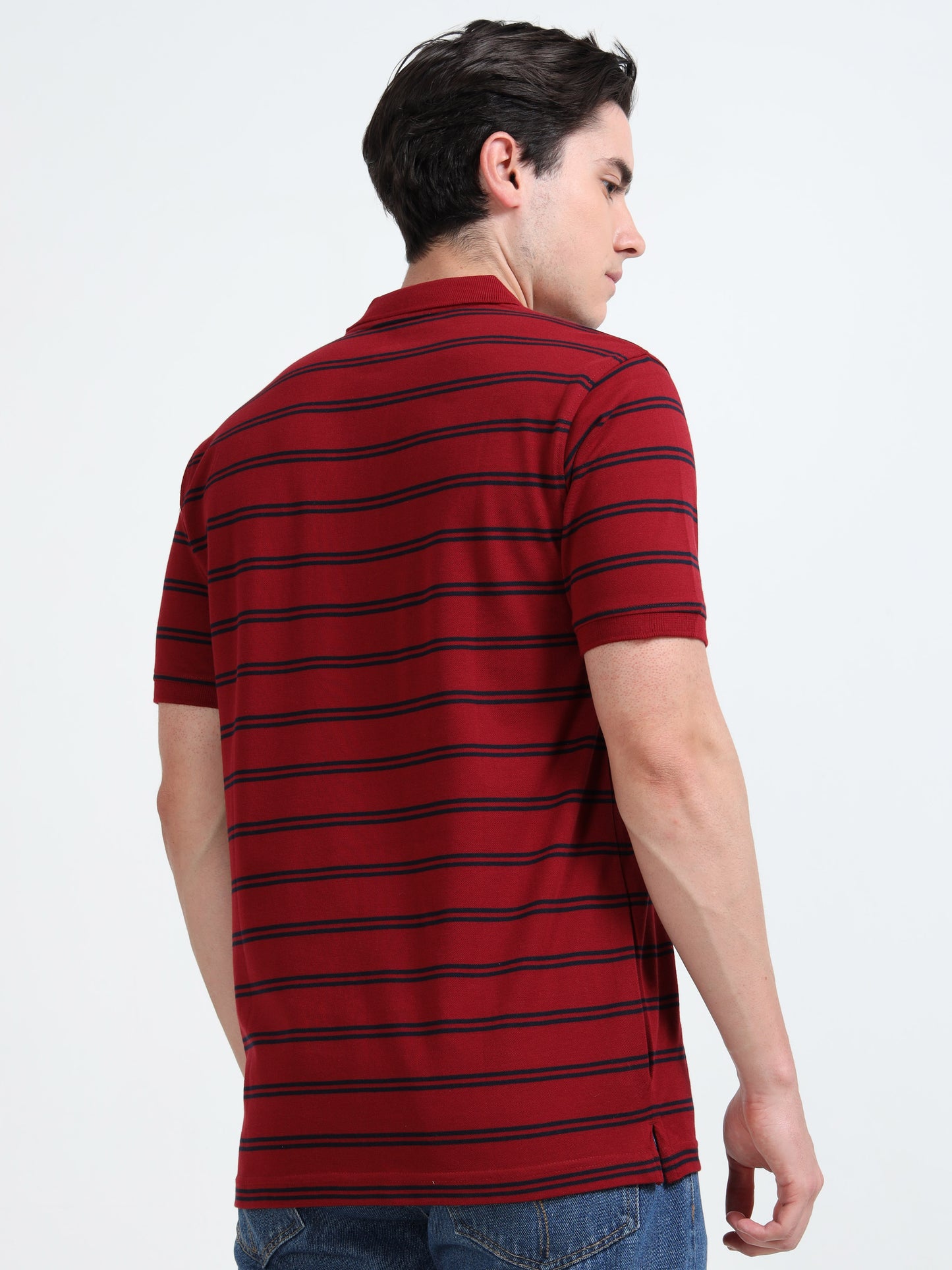 Men's Black Striped Crimson Red Polo T-Shirt