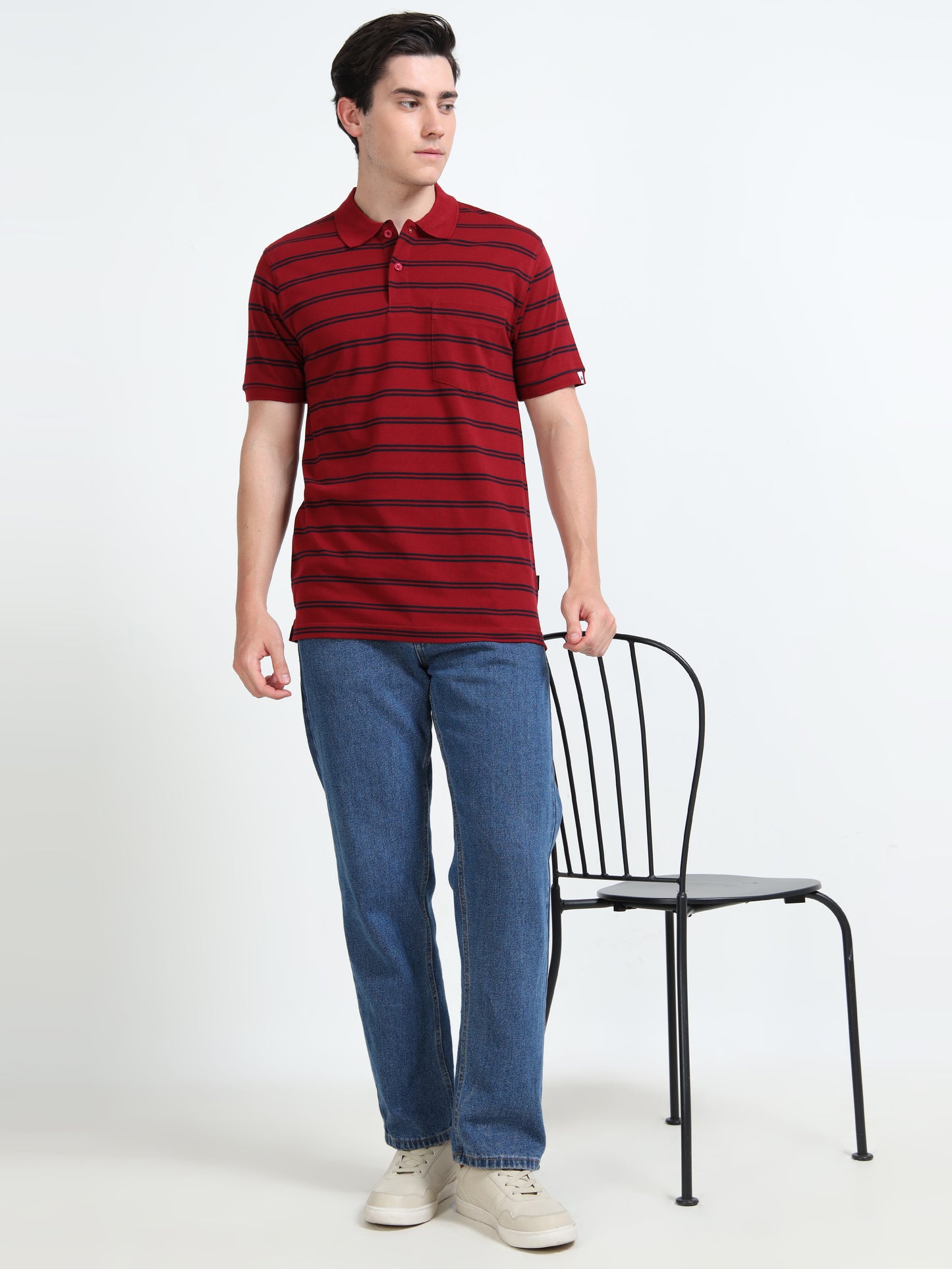 Men's Black Striped Crimson Red Polo T-Shirt
