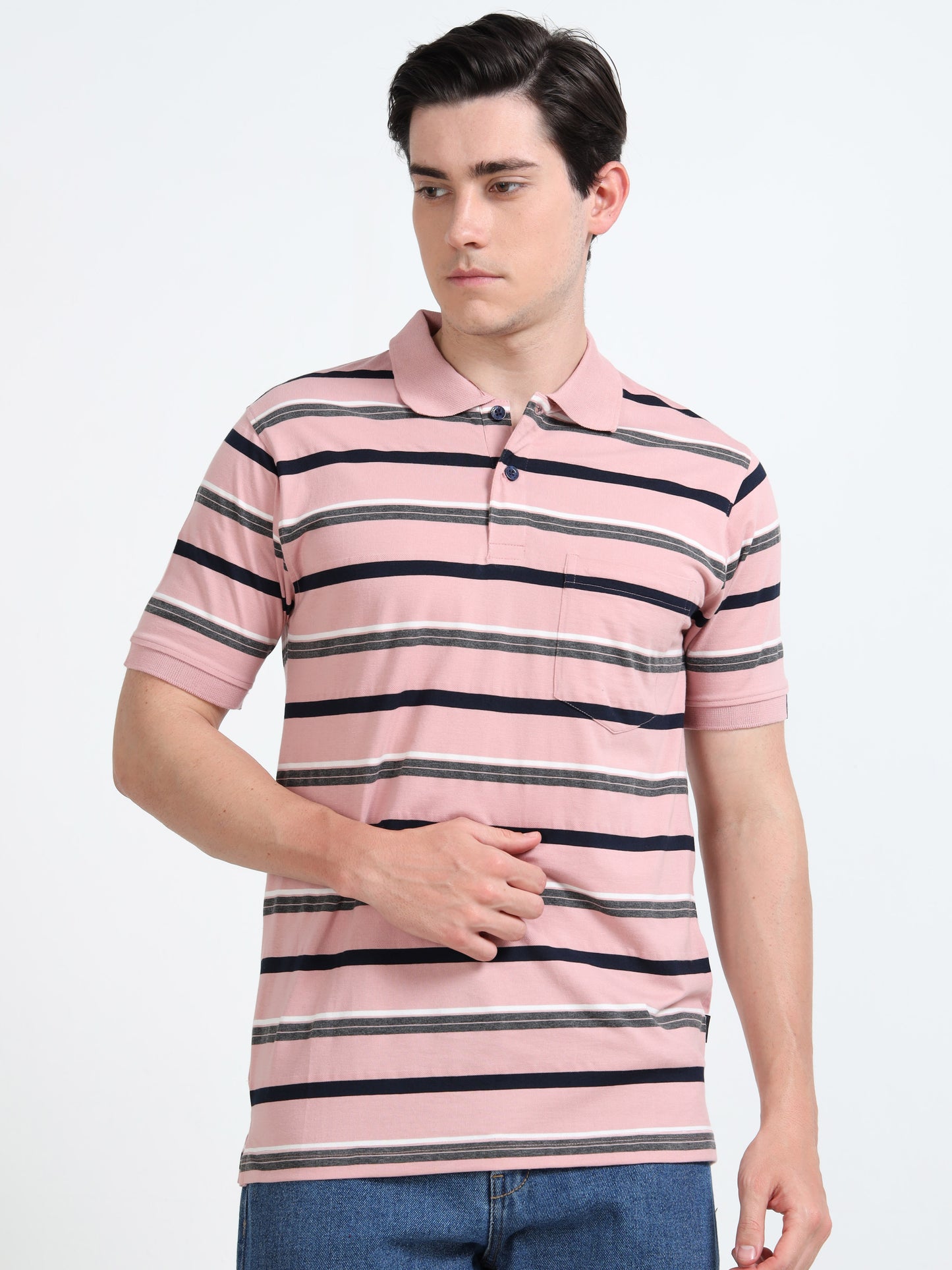 Men's White and Black Striped Pink Polo T-Shirt