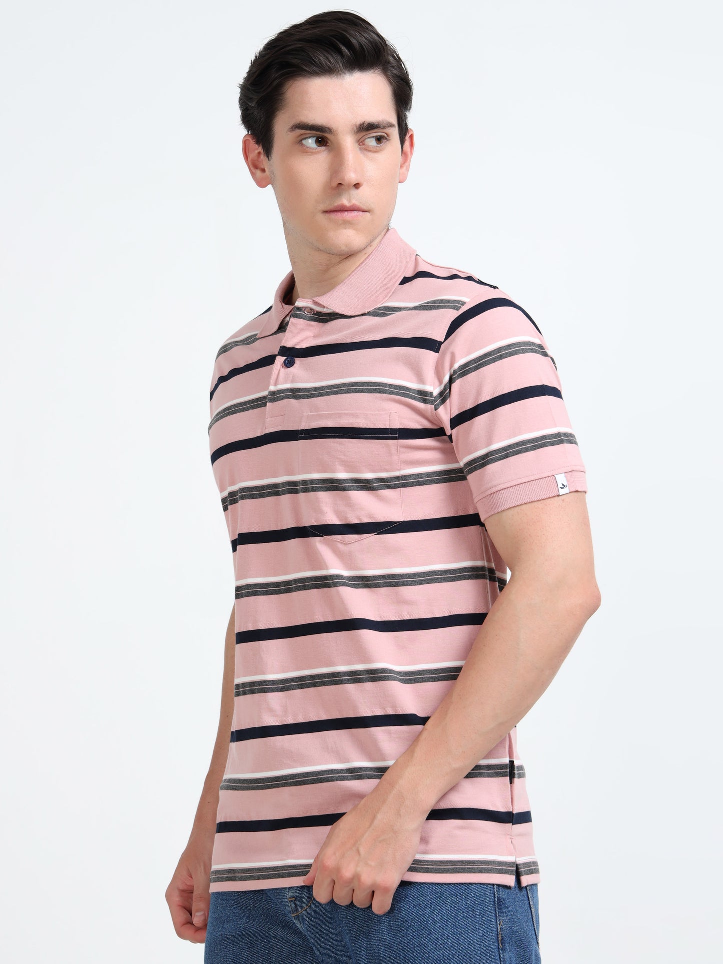 Men's White and Black Striped Pink Polo T-Shirt