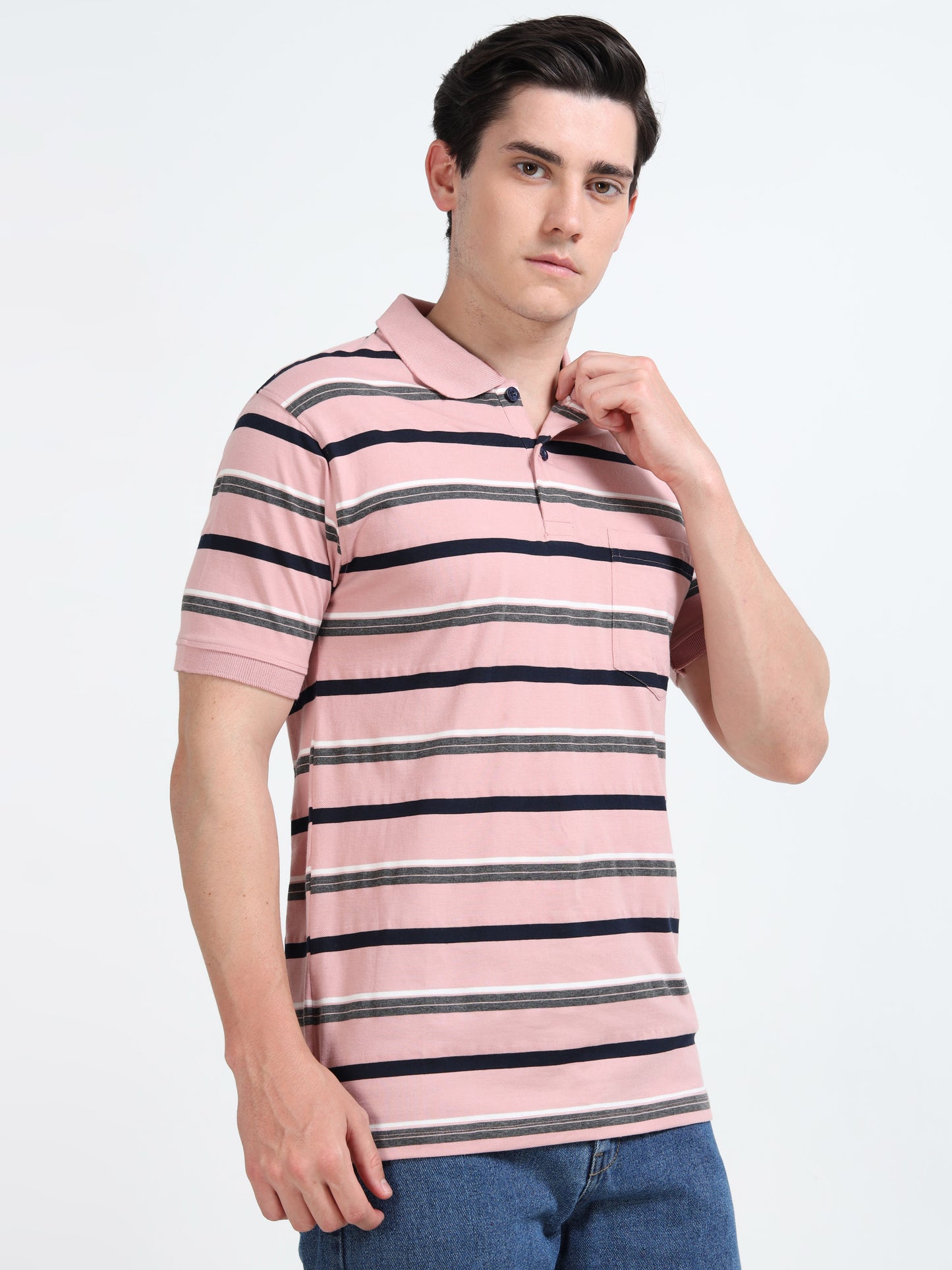 Men's White and Black Striped Pink Polo T-Shirt