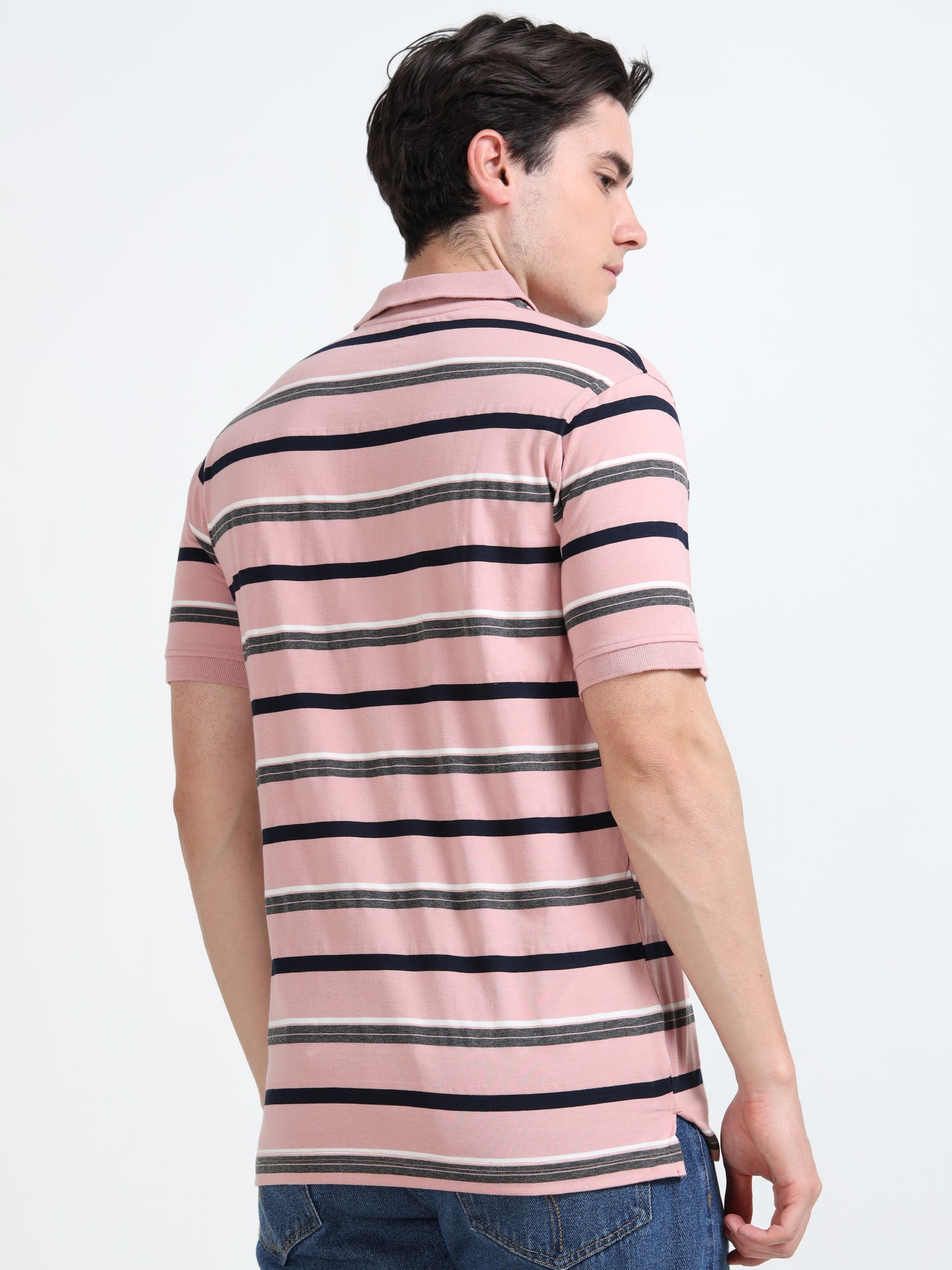 Men's White and Black Striped Pink Polo T-Shirt