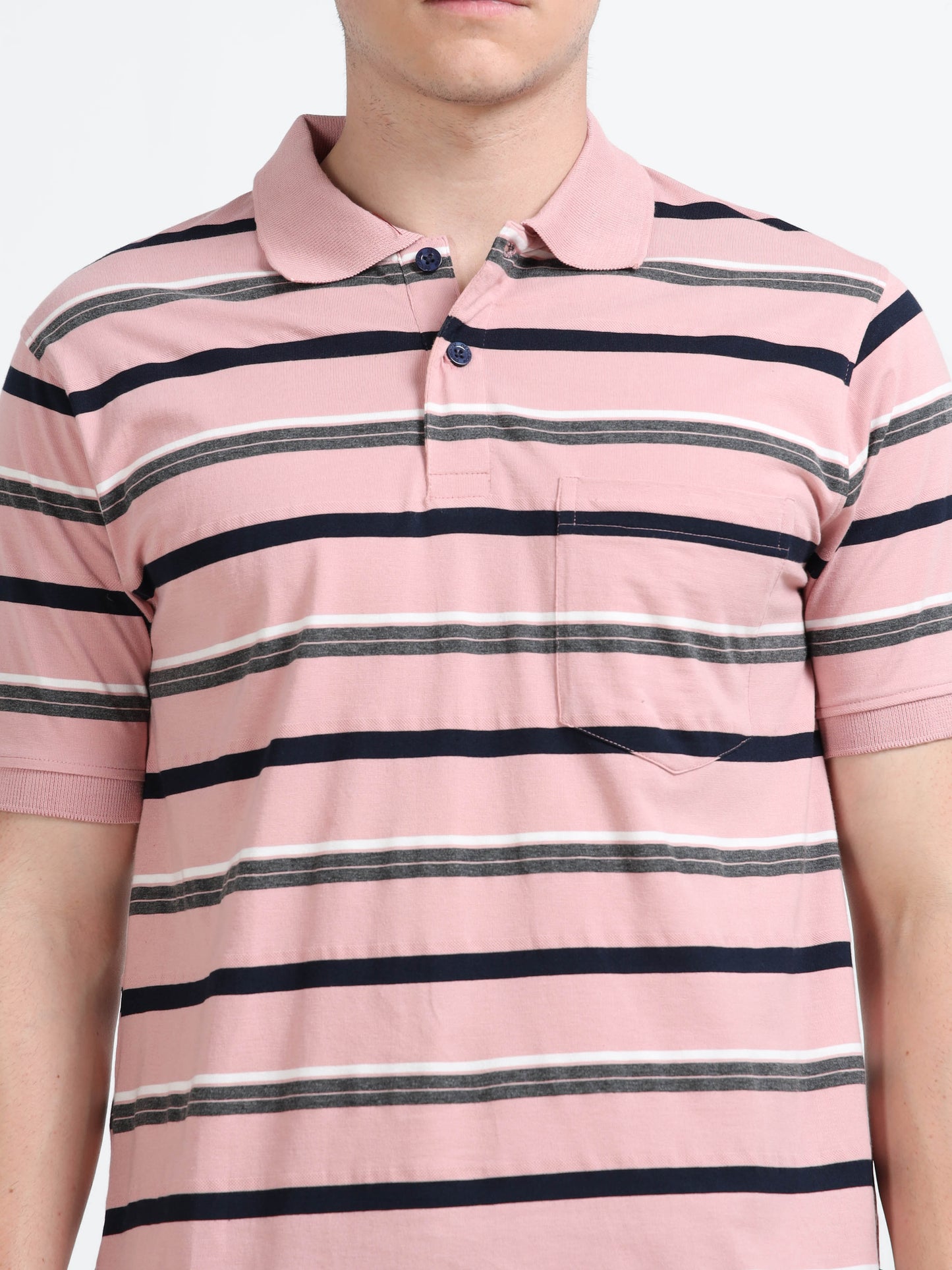 Men's White and Black Striped Pink Polo T-Shirt