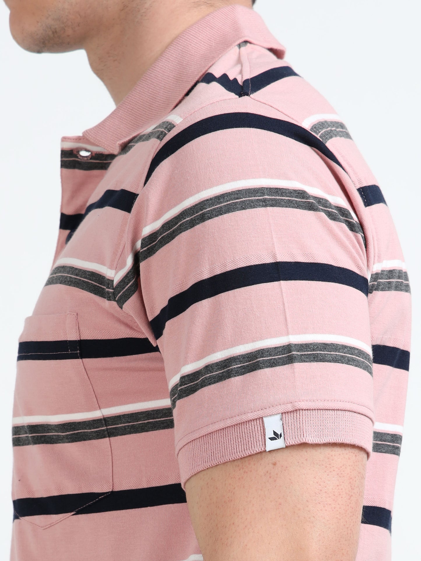 Men's White and Black Striped Pink Polo T-Shirt