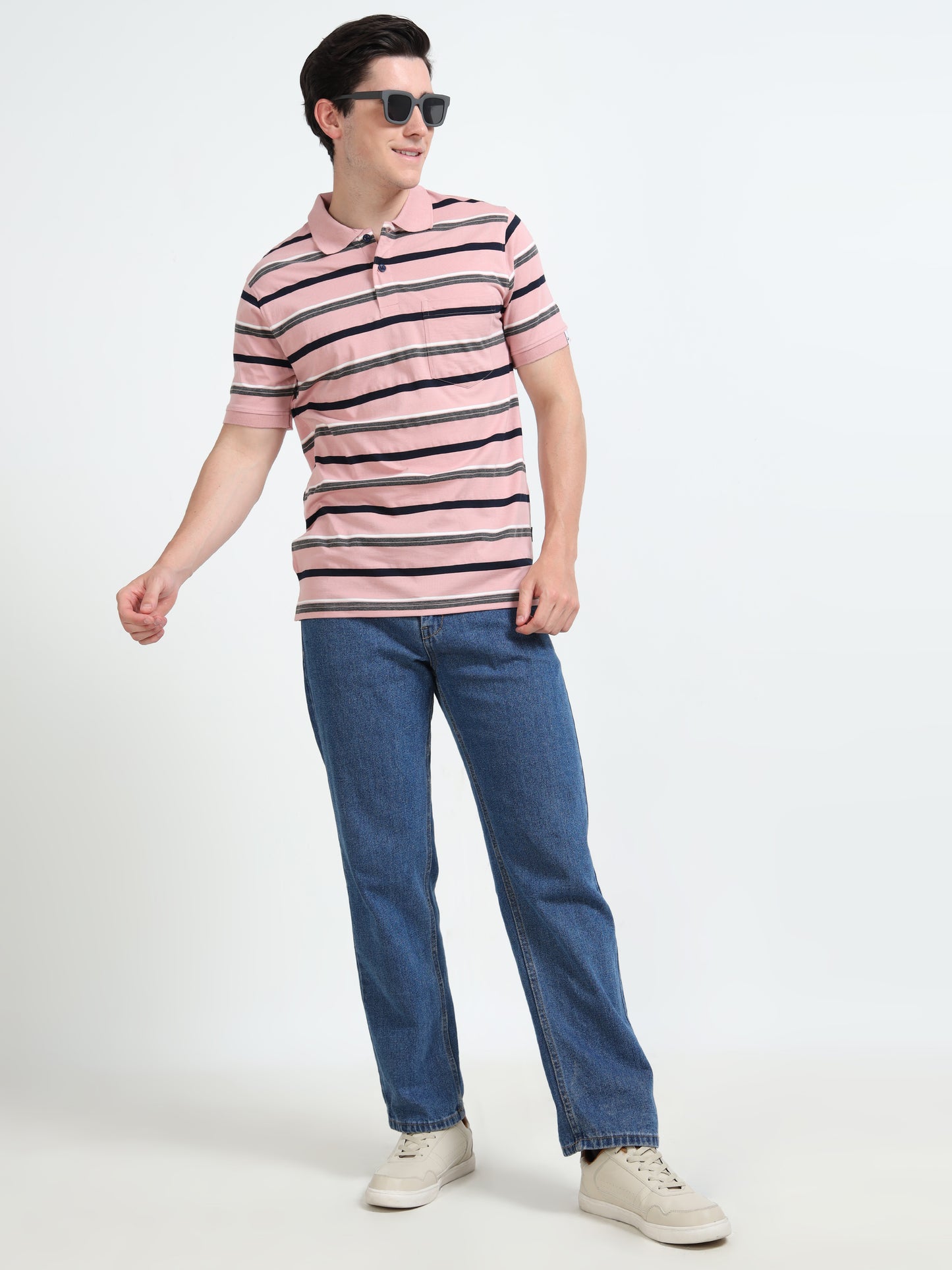 Men's White and Black Striped Pink Polo T-Shirt