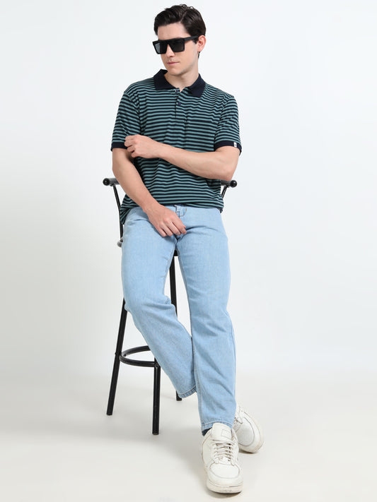 Men's Black Striped Teal Polo T-Shirt