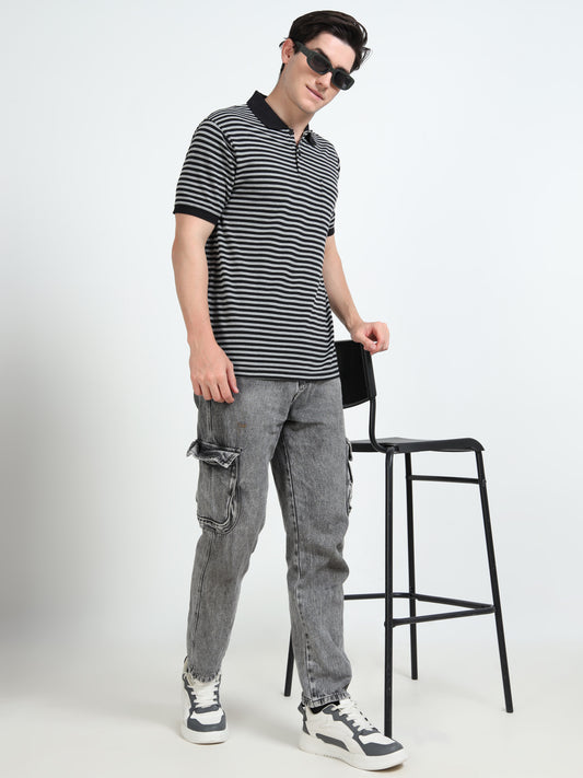 Men's Black Striped White Polo T-Shirt